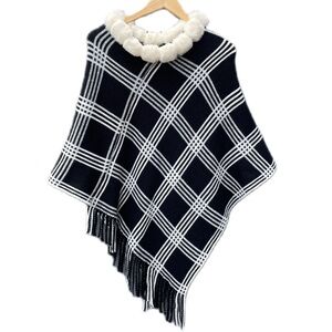 Dashing Black White Plaid Checkered Poncho Fur Cape
